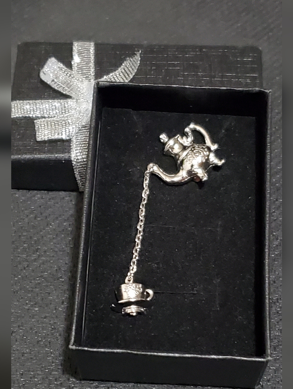 Vtg. Silver Teapot to Teacup Dangle Stick Pin
